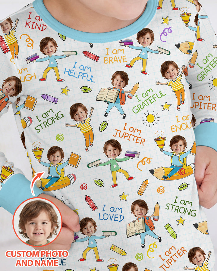 Custom Photo Kid Affirmations I Am Kind Bamboo Two Piece Long Sleeve Pajama Set
