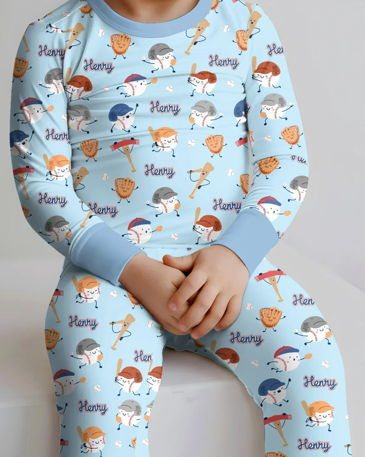 Custom Name Ballparl Family Matching Bamboo Two Piece Long Sleeve Pajama Set