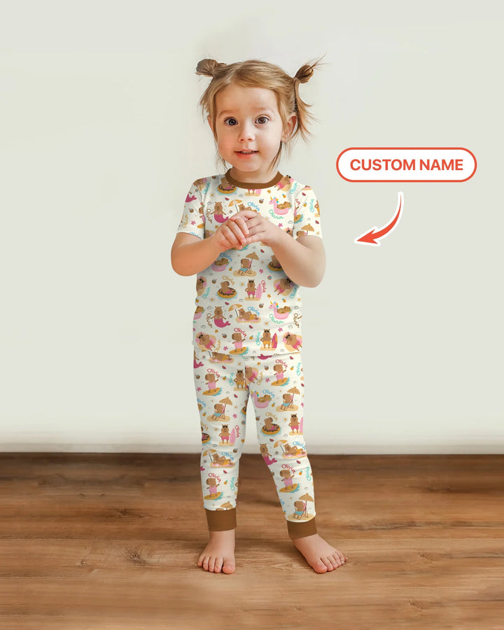 Don't Worry, Be Capy Custom Name Bamboo Two Piece Short Sleeve Pajama Set