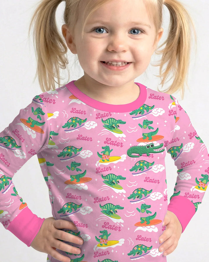 Conjunto de pijama de dos piezas de bambú de manga larga con cocodrilo bordado para verano