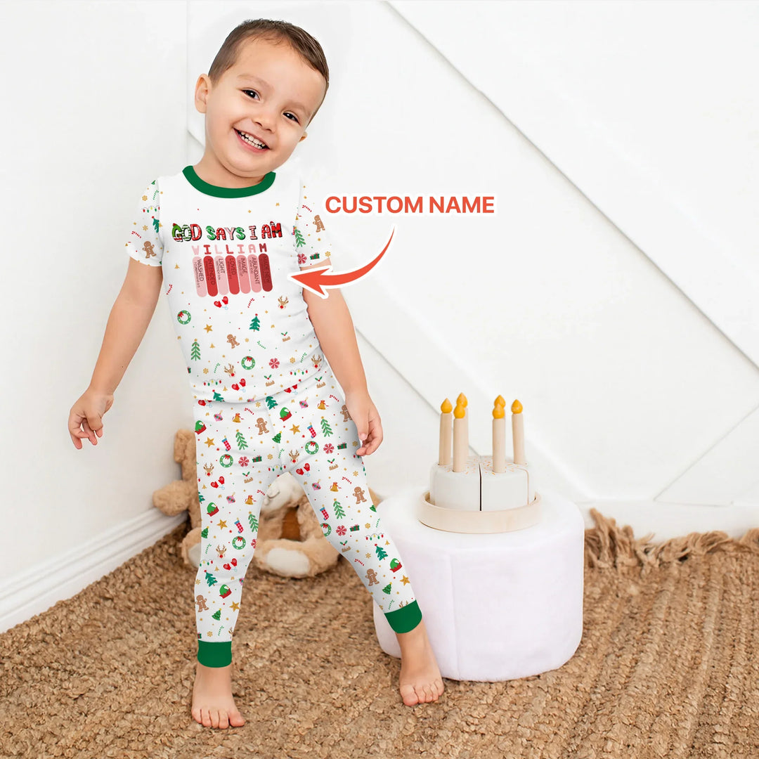 Christmas Blessings God Says I Am Custom Name Two Piece Short Sleeve Pajama Set , Christmas Blessings God Says I Am Custom Name Two Piece Short Sleeve Pajama Set - 12-18M