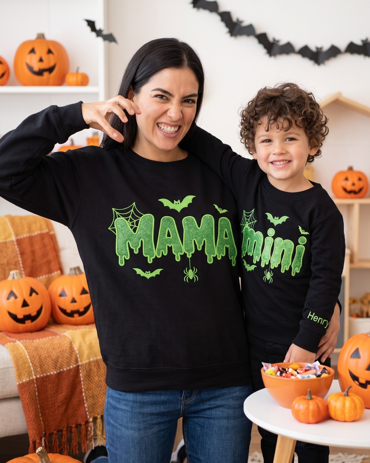 Mama Spooky Embroidered Bamboo Women Crewneck Sweatshirt