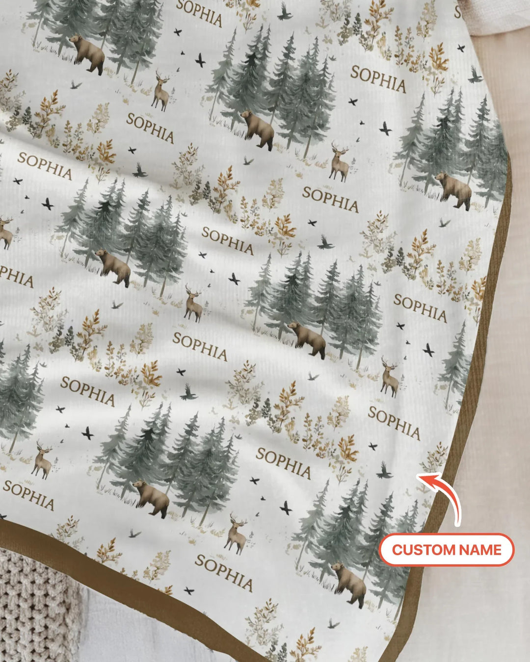 Manta de bambú personalizada con nombre, bosque, oso, ciervo