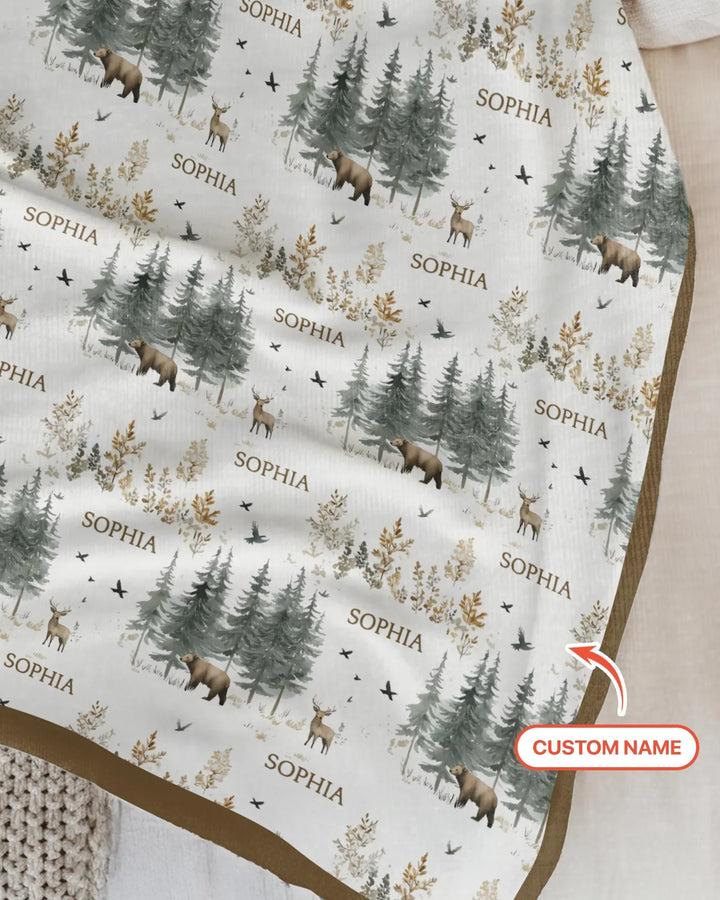 Manta de bambú personalizada con nombre, bosque, oso, ciervo