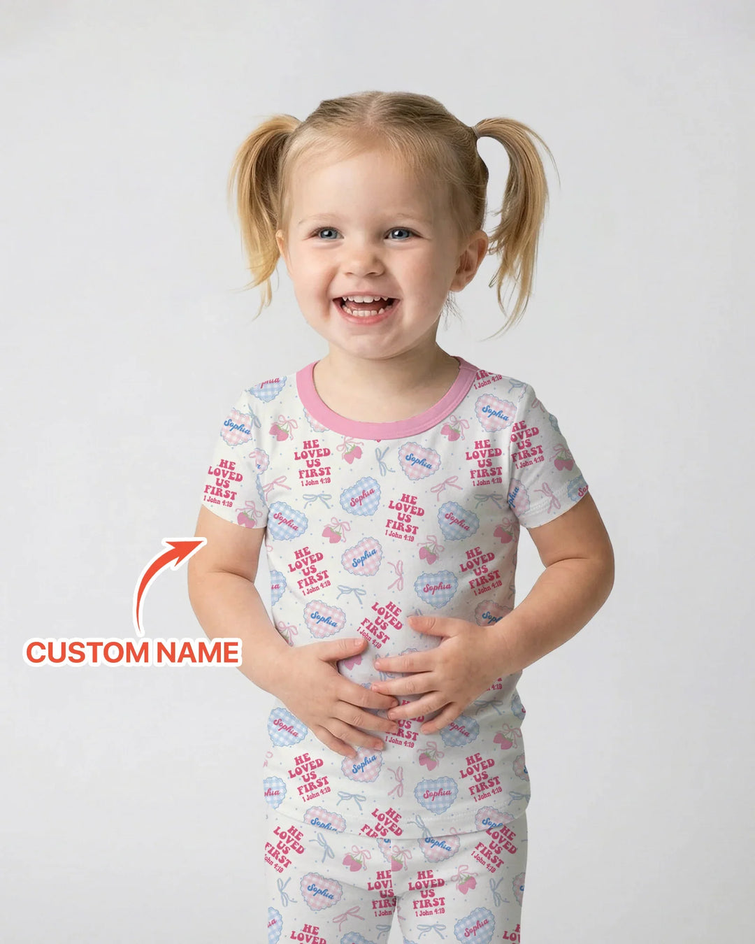 He Loved Us First Custom Name Bamboo Two Piece Short Sleeve Pajama Set