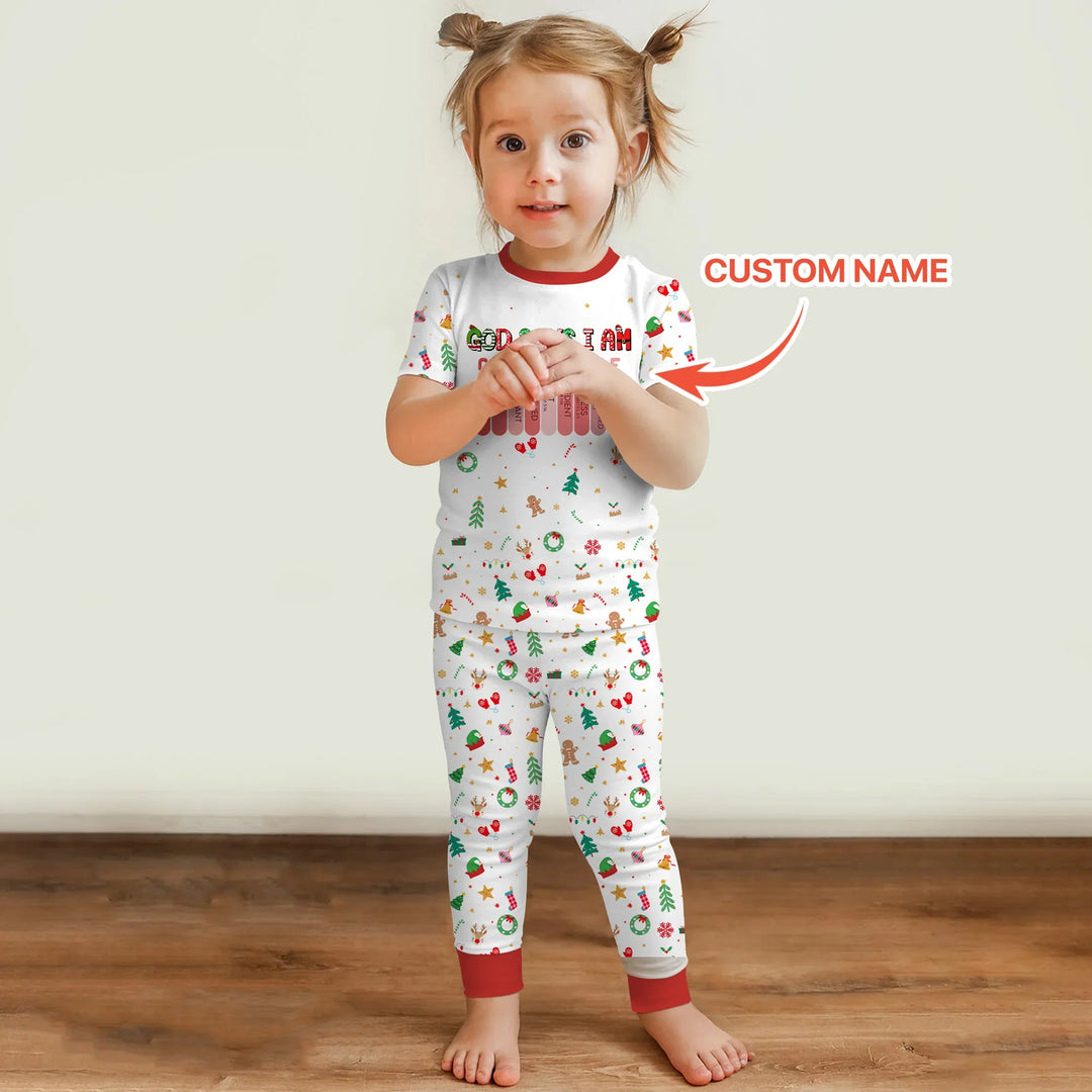 Christmas Blessings God Says I Am Custom Name Two Piece Short Sleeve Pajama Set , Christmas Blessings God Says I Am Custom Name Two Piece Short Sleeve Pajama Set - 12-18M