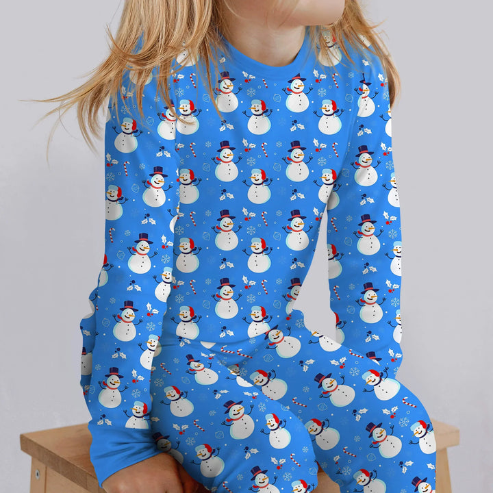 Blaues, zweiteiliges Weihnachtspyjama-Set mit Schneemann