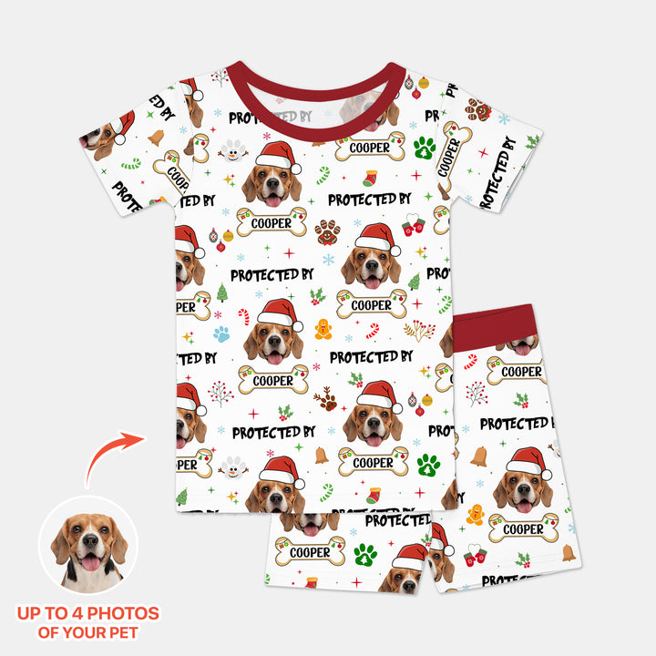 Custom Dog Photo "Protected By" Christmas Two Piece Short Sleeve Shorts Pajama Set