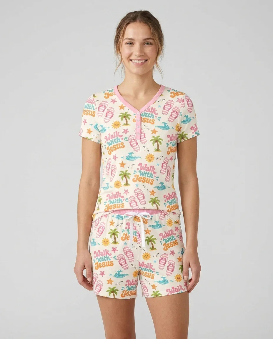 Groovy Summer Walk With Jesus Bamboo Women Short Sleeve Short Pajama Set