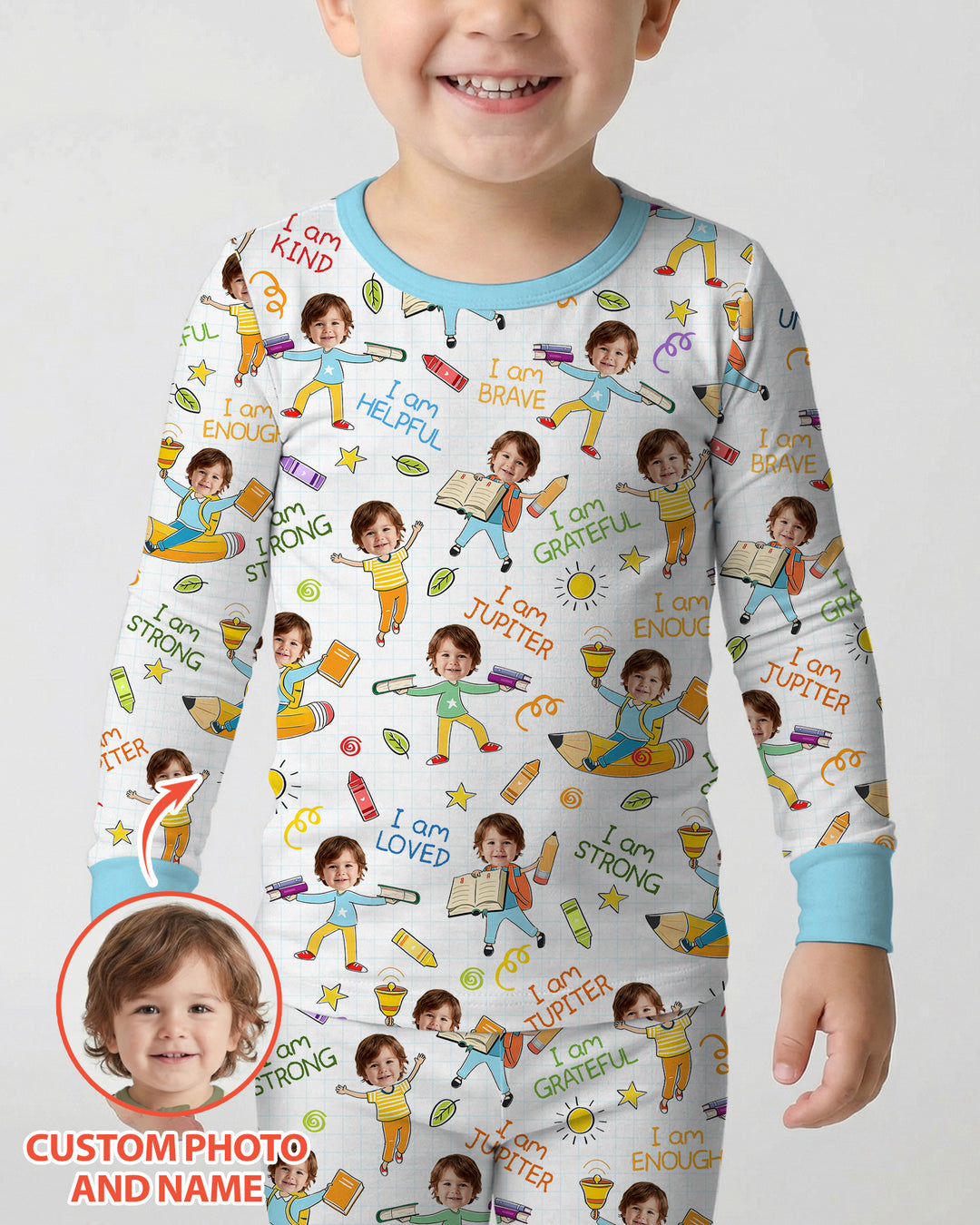 Custom Photo Kid Affirmations I Am Kind Bamboo Two Piece Long Sleeve Pajama Set