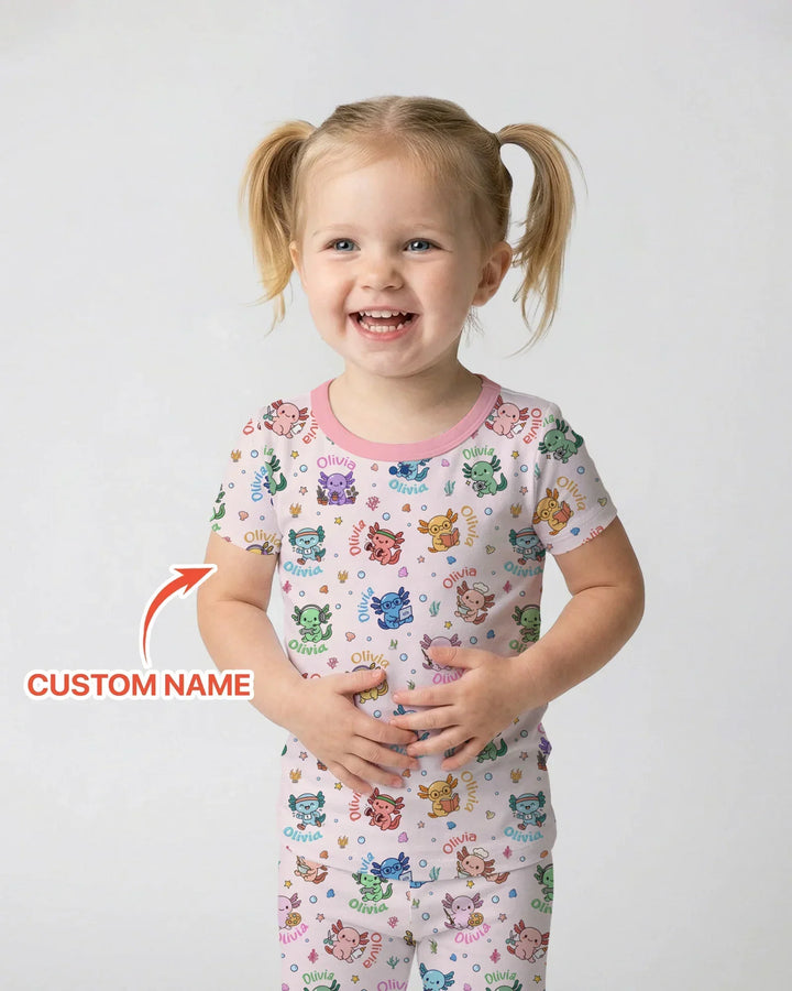 Custom Name Cute Hobby Axolotl Two Piece Short Sleeve Pajama Set