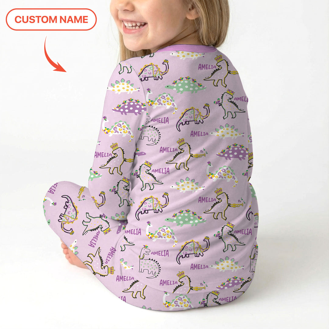 Custom Name Mardi Gras Saurus Two Piece Long Sleeve Pajama Set