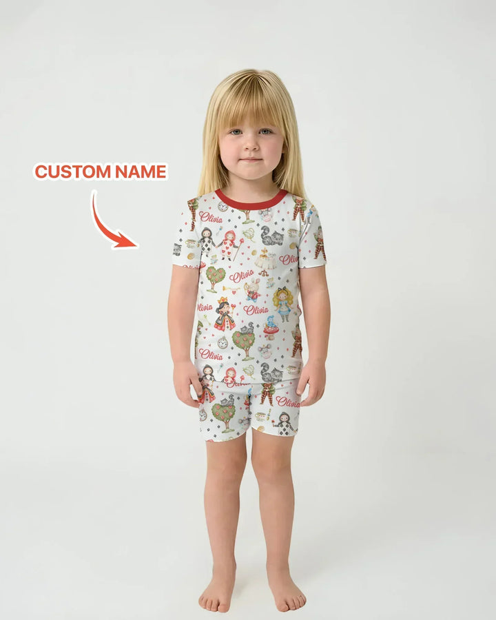 Whimsical Wonderland Tea Party Custom Name Two Piece Short Sleeve Shorts Pajama Set