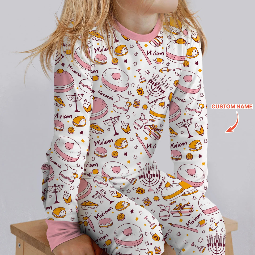 Happy Hanukkah Doodles Custom Name Family Matching Two Piece Long Sleeve Pajama Set