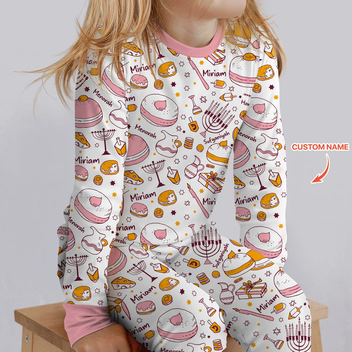 Happy Hanukkah Doodles Custom Name Family Matching Two Piece Long Sleeve Pajama Set