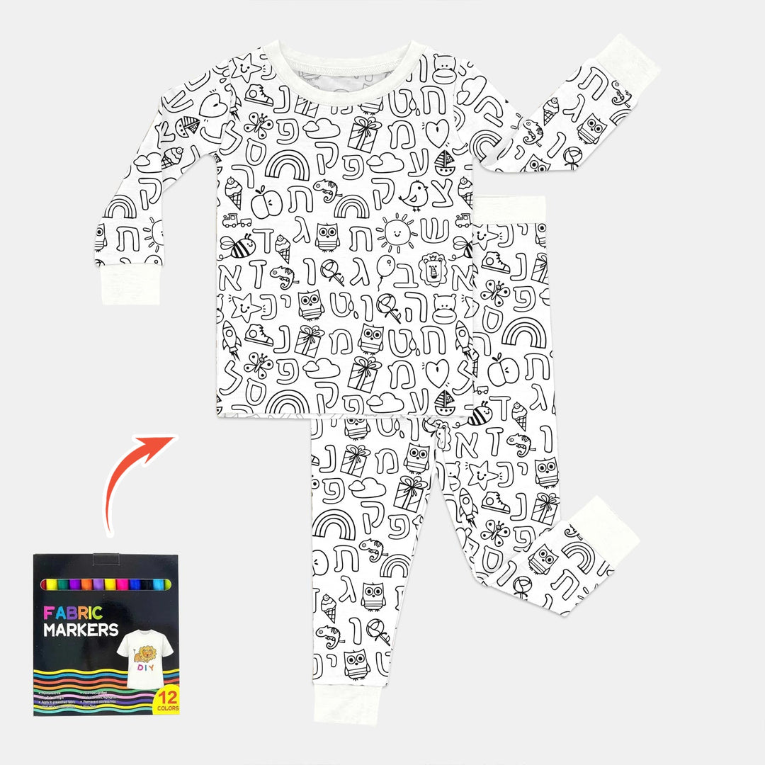 Hebrew Alphabet Colorable Two Piece Long Sleeve Pajama Set