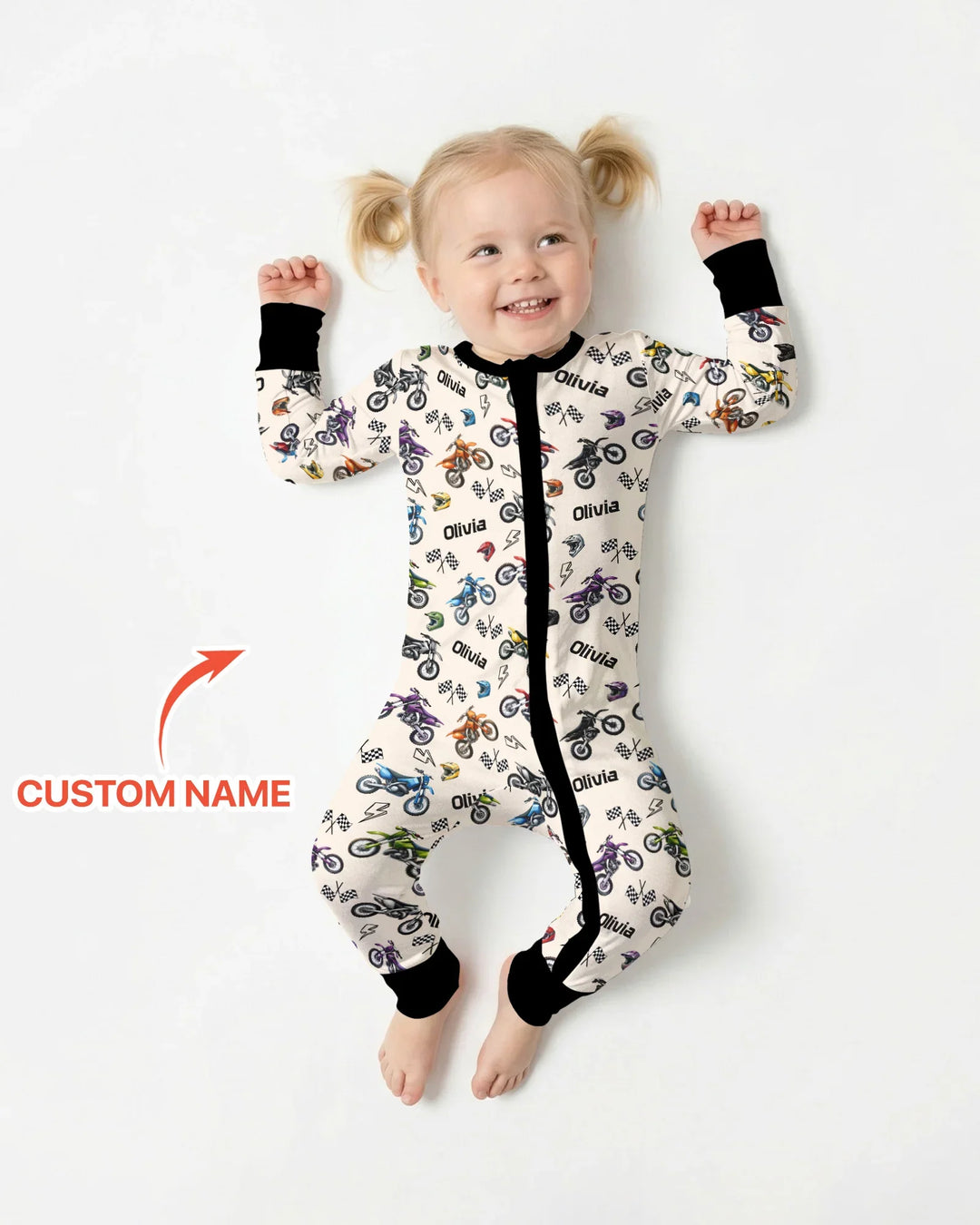 Pijama convertible de bambú con cremallera Little Dirt Bike Rider con nombre personalizado