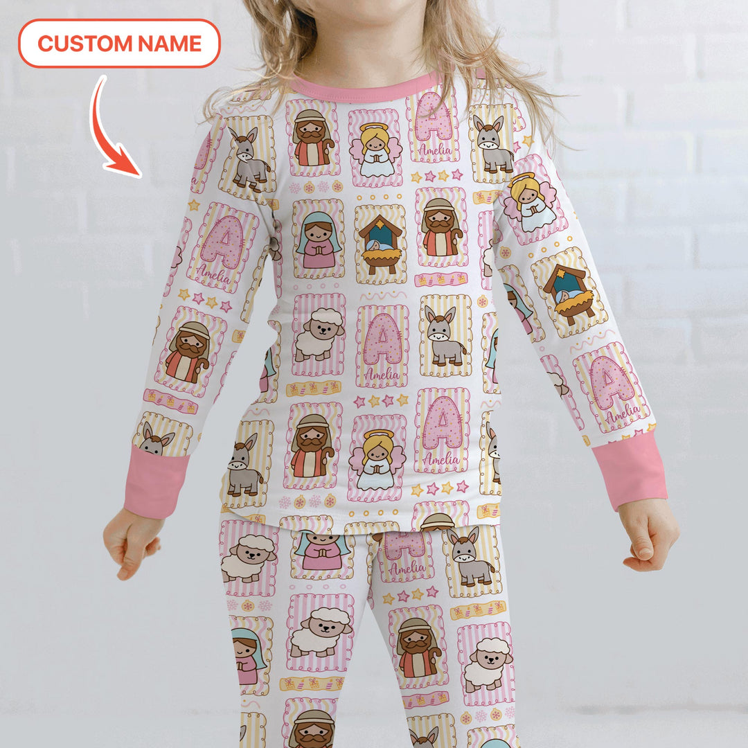 Custom Name Christmas Nativity Two Piece Long Sleeve Pajama Set
