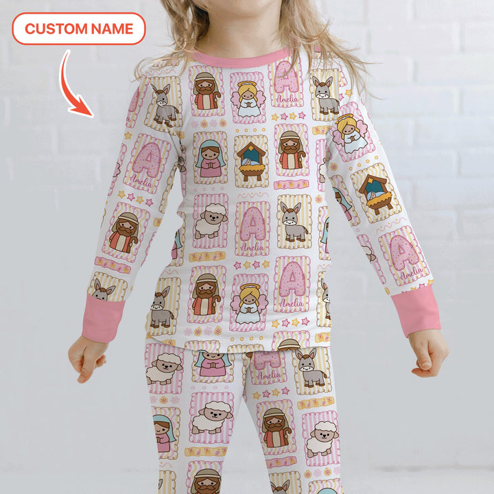 Custom Name Christmas Nativity Two Piece Long Sleeve Pajama Set