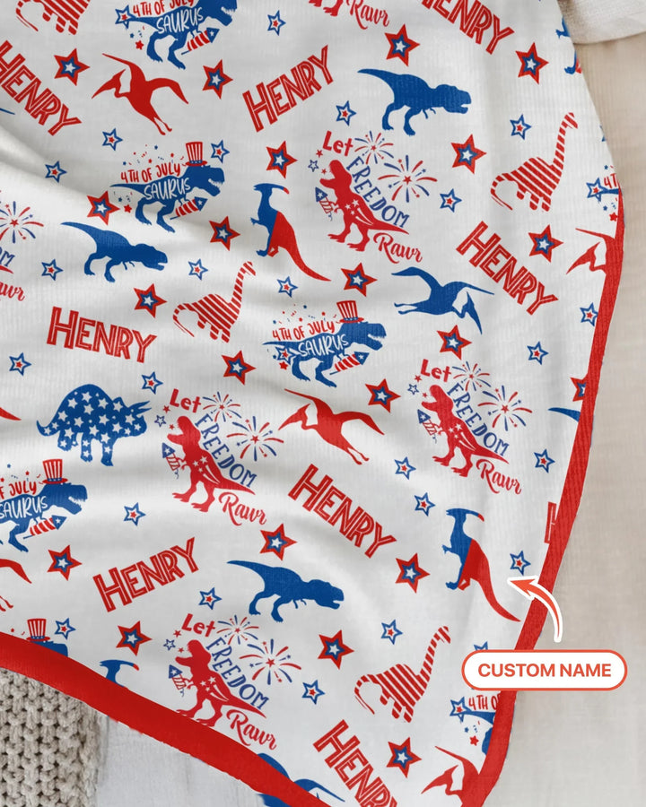 Custom Name Patriotic Dinosaur Bamboo Blanket