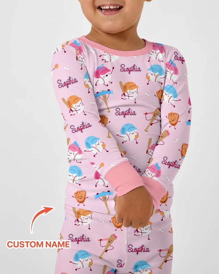 Custom Name Ballparl Family Matching Bamboo Two Piece Long Sleeve Pajama Set