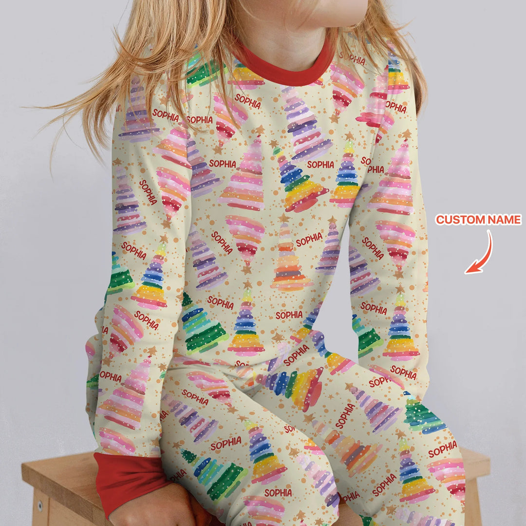 Personalized Twinkle Christmas Trees Two Piece Long Sleeve Pajama Set