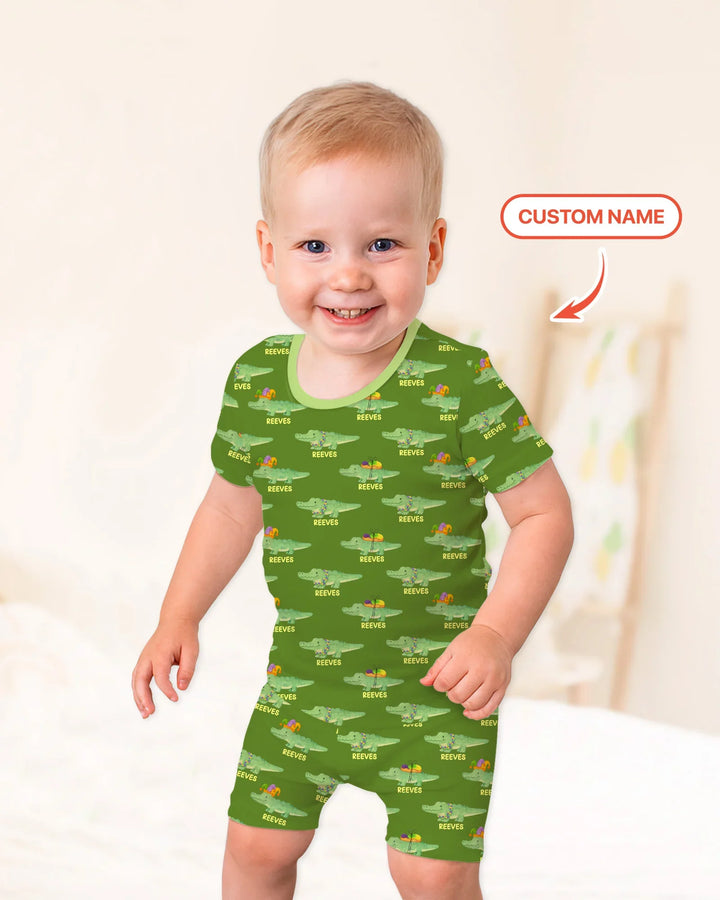 Custom Name Mardi Gras Gator Two Piece Short Sleeve Shorts Pajama Set