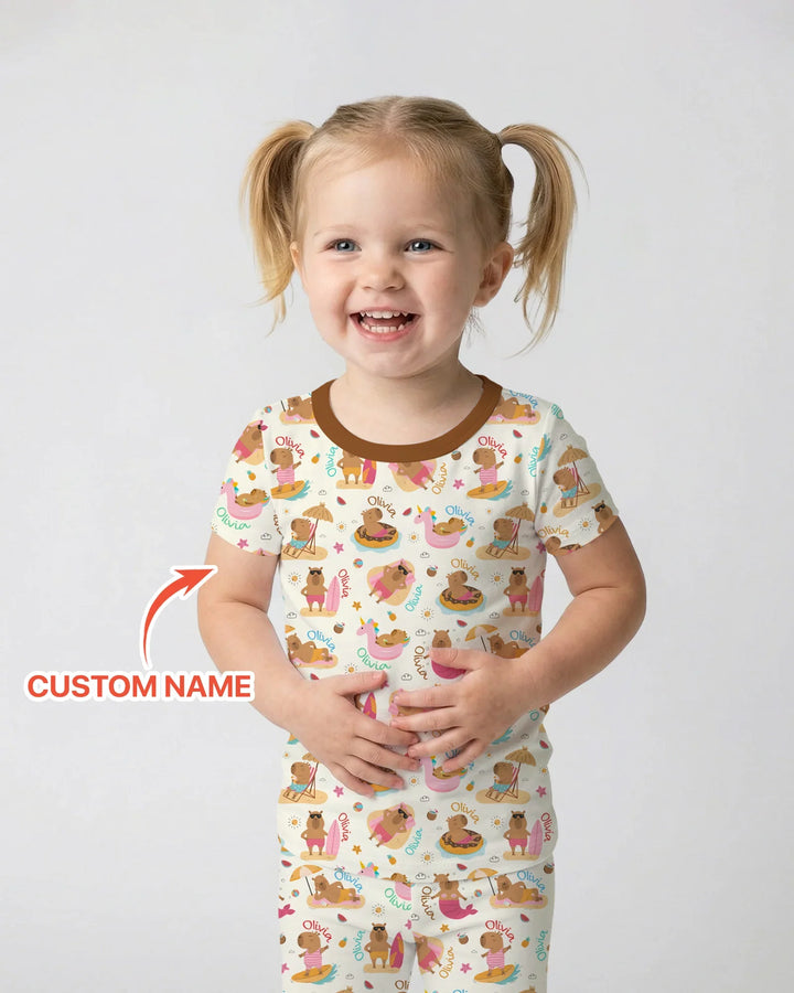 Don't Worry, Be Capy Custom Name Bamboo Two Piece Short Sleeve Pajama Set