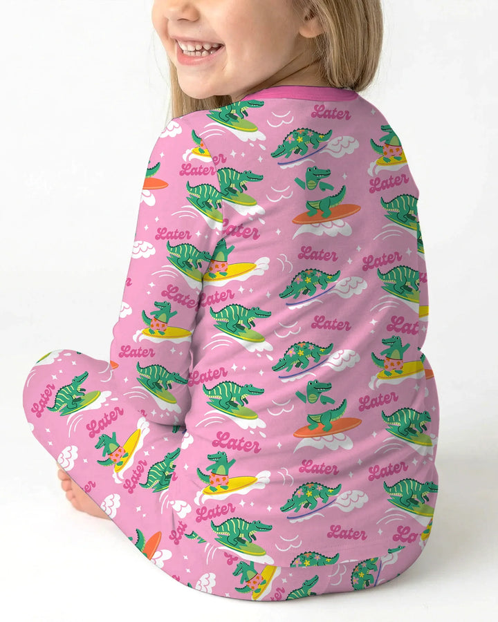 Conjunto de pijama de dos piezas de bambú de manga larga con cocodrilo bordado para verano