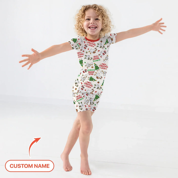 Custom Name "Silly Goose" Two Piece Short Sleeve Shorts Pajama Set (Red) , Custom Name "Silly Goose" Two Piece Short Sleeve Shorts Pajama Set (Red) - 12-18M