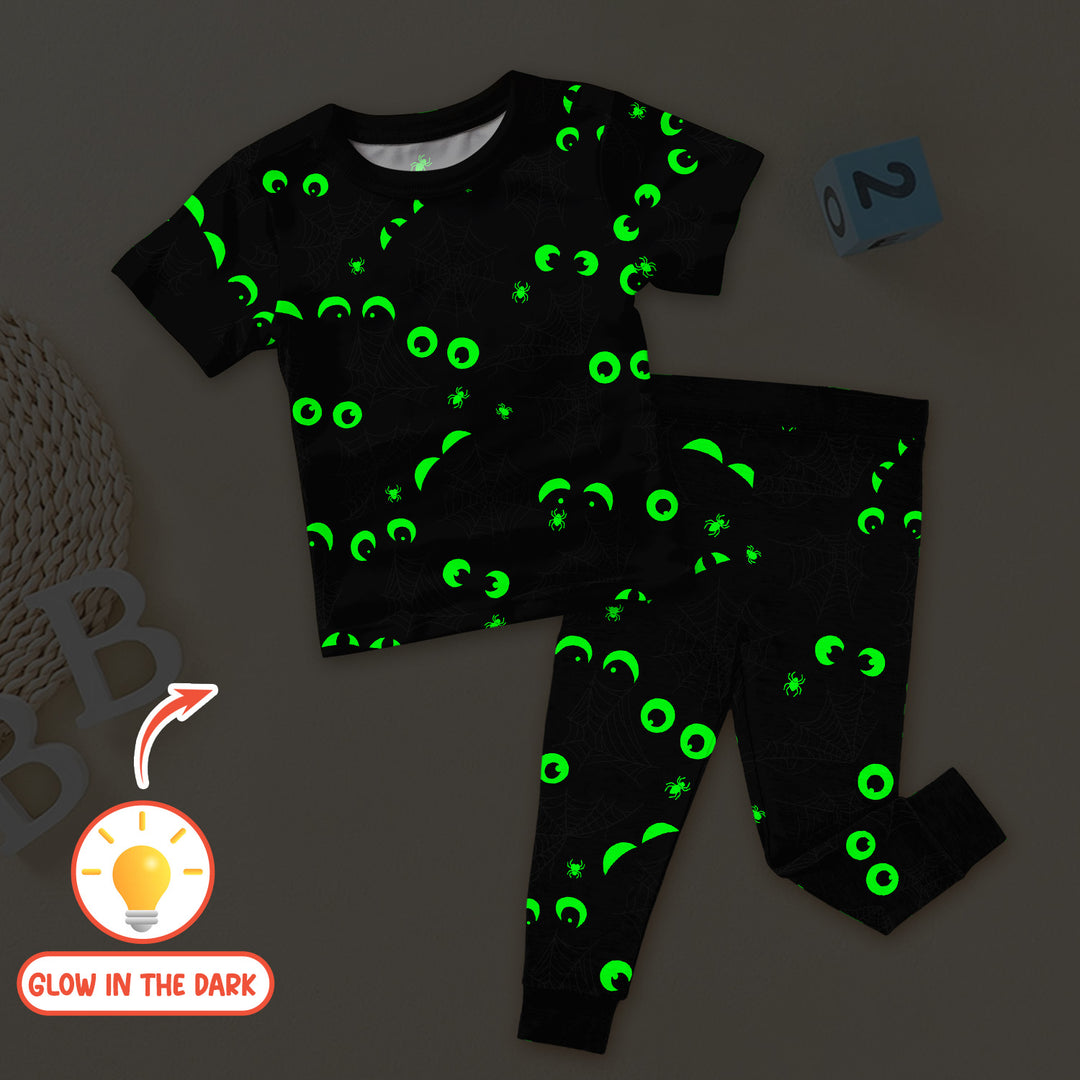 Glow In The Dark Creepy Spiderweb Two Piece Short Sleeve Pajama Set