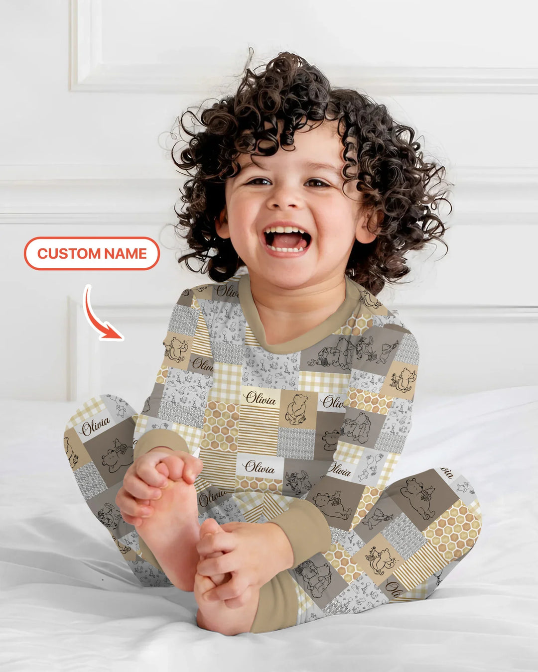 Personalized Classic Bear Patchwork  Bamboo Two Piece Long Sleeve Pajama Set