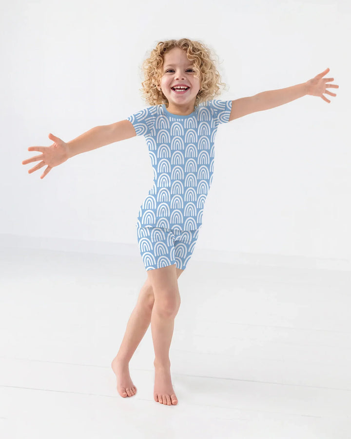 Sky Blue Rainbows Bamboo Two Piece Short Sleeve Shorts Pajama Set
