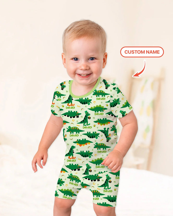 St. Patrick's Day Dinosaurs Custom Two Piece Short Sleeve Shorts Pajama Set