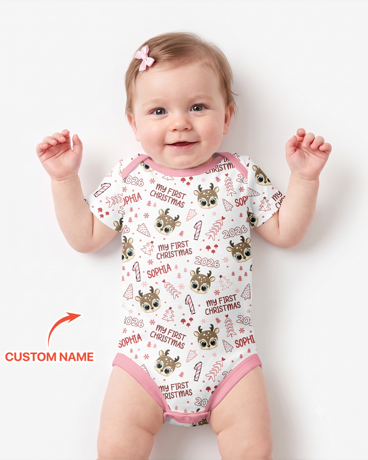 Custom Name Cute Reindeer My First Christmas Bamboo Bodysuit
