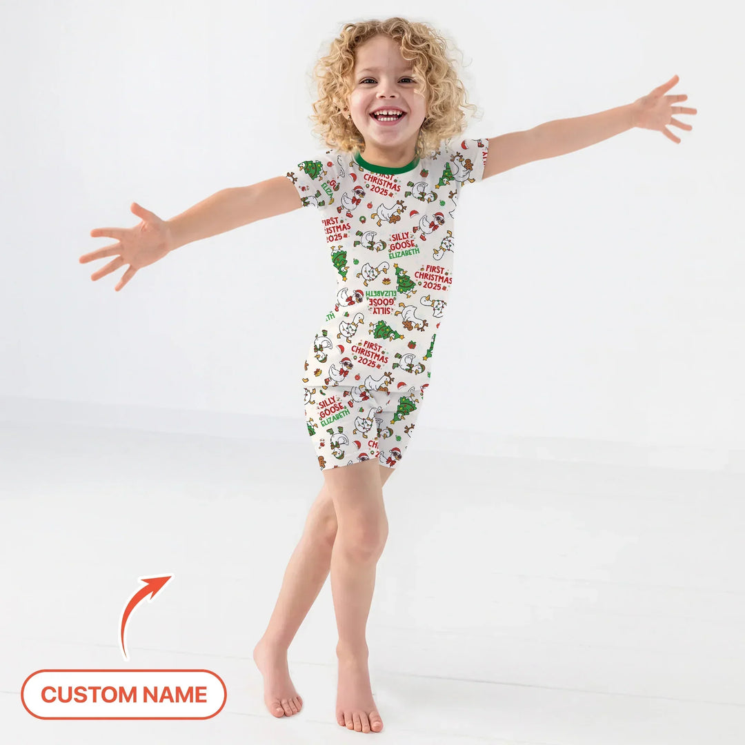 Custom Name "Silly Goose" Two Piece Short Sleeve Shorts Pajama Set (Green) , Custom Name "Silly Goose" Two Piece Short Sleeve Shorts Pajama Set (Green) - 12-18M
