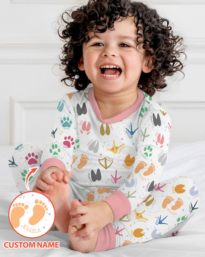 Cute Farm Animal Tracks Custom Name Bamboo Two Piece Long Sleeve Pajama Set