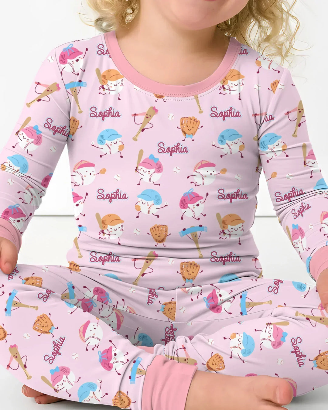 Custom Name Ballparl Family Matching Bamboo Two Piece Long Sleeve Pajama Set