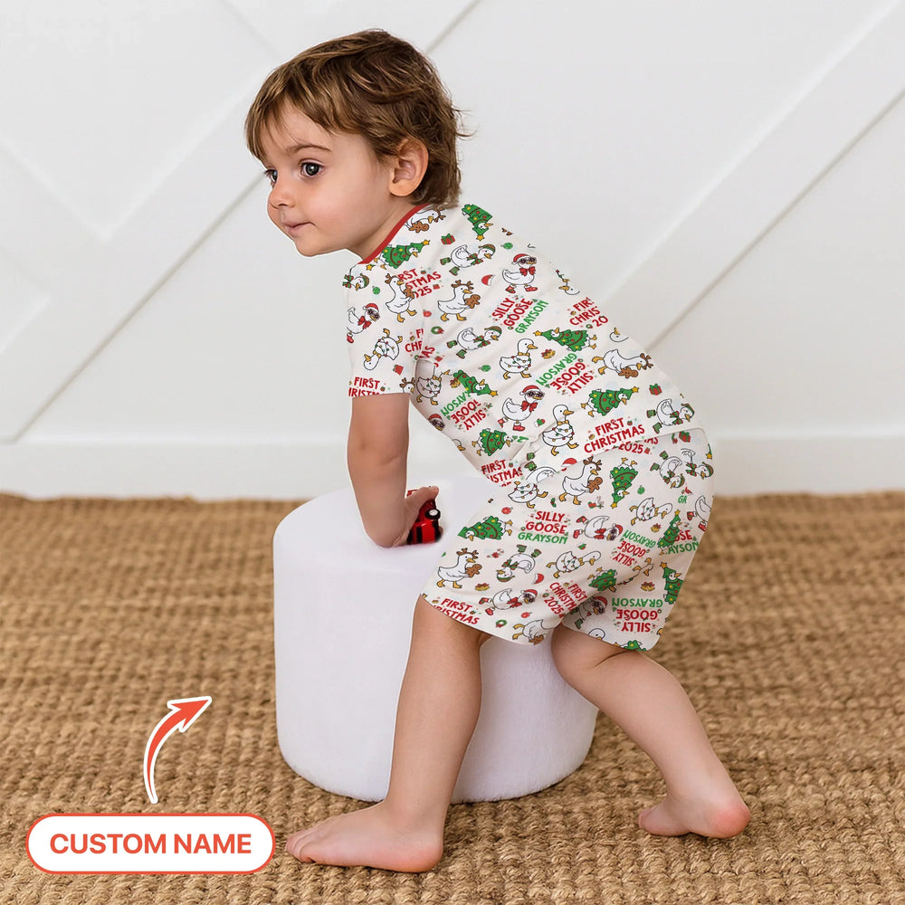 Custom Name "Silly Goose" Two Piece Short Sleeve Shorts Pajama Set (Red) , Custom Name "Silly Goose" Two Piece Short Sleeve Shorts Pajama Set (Red) - 12-18M