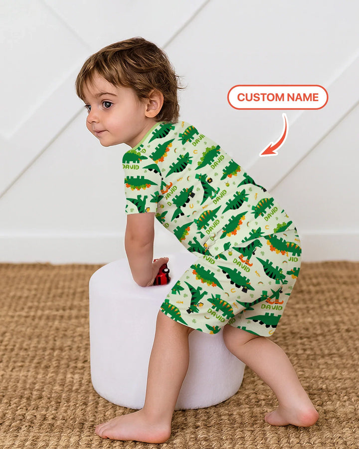 St. Patrick's Day Dinosaurs Custom Two Piece Short Sleeve Shorts Pajama Set