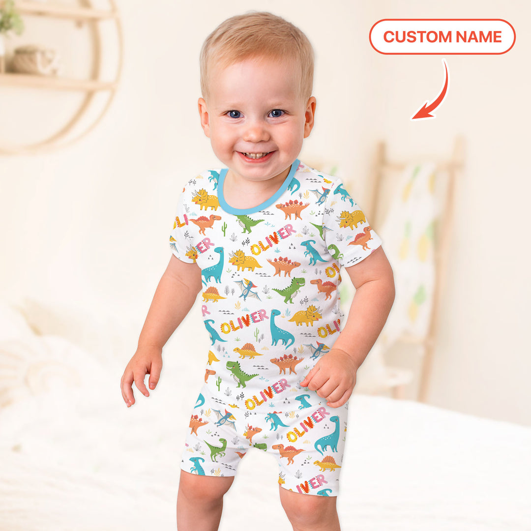 Dino Adventure Custom Name Two Piece Short Sleeve Shorts Pajama Set