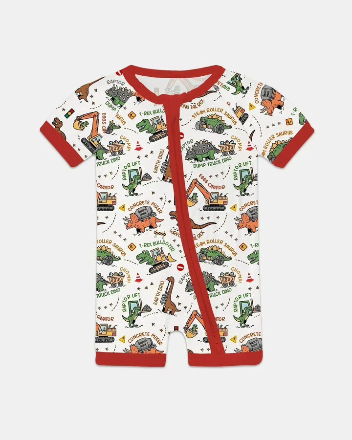 Camión de construcción de dinosaurios Pijama corto de bambú con cremallera