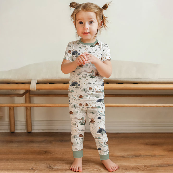 Camping Route Map Two Piece Short Sleeve Pajama Set