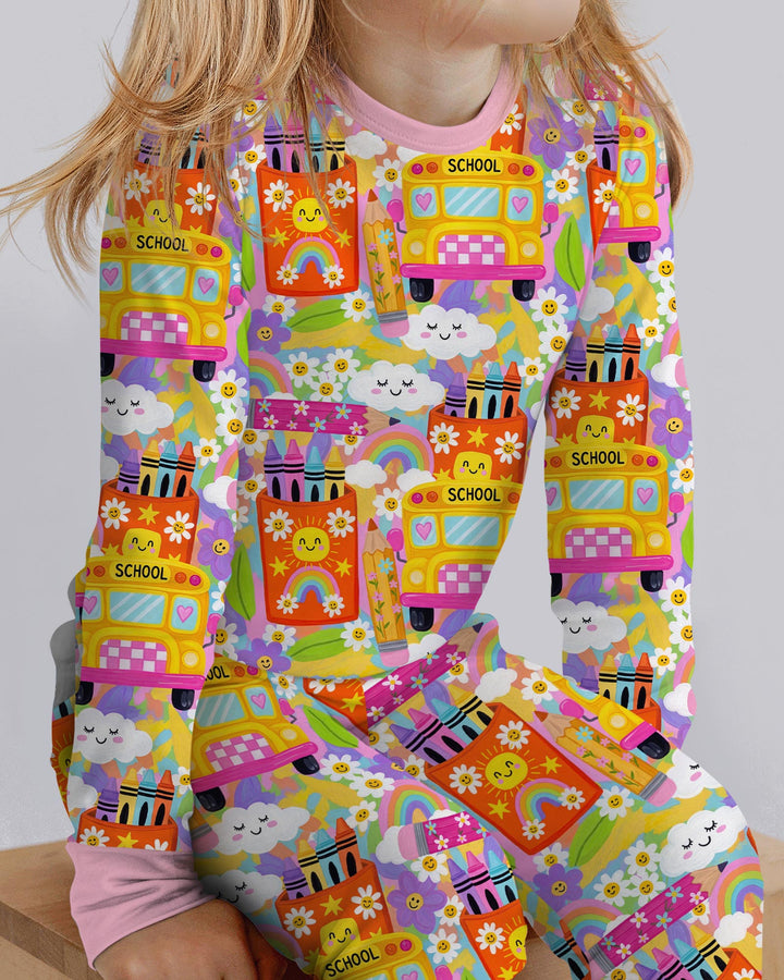 Retro Happy Classroom Bamboo Two Piece Long Sleeve Pajama Set