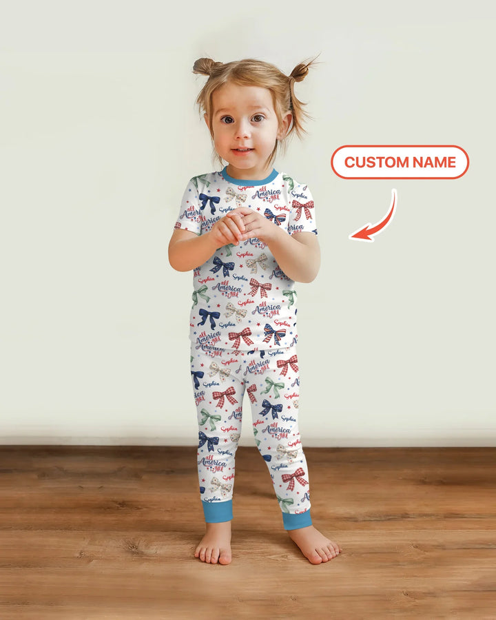 Custom Name All American Girl Bamboo Two Piece Short Sleeve Pajama Set