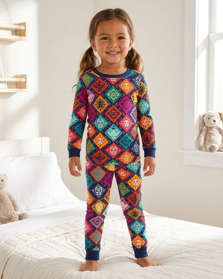 Day of the Dead Colorful Mexican Skull Bamboo Two Piece Long Sleeve Pajama Set