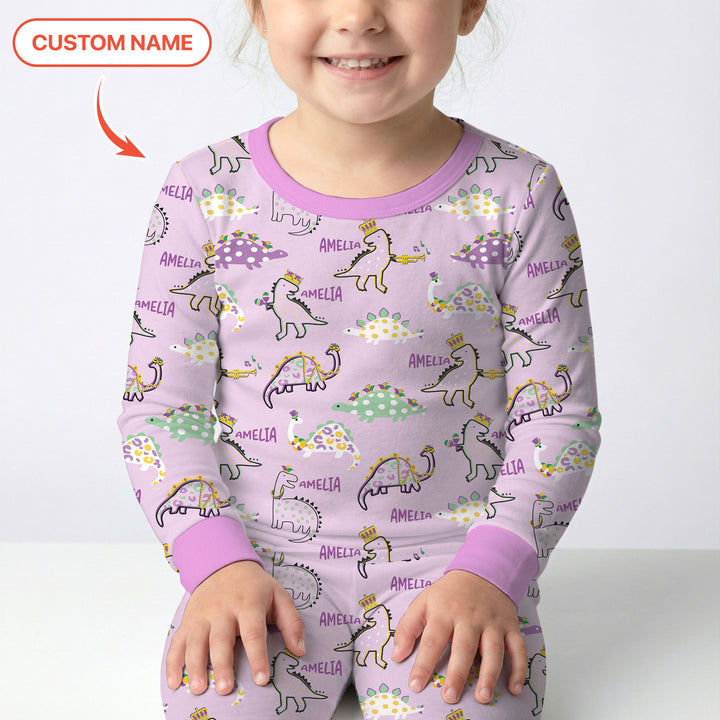 Custom Name Mardi Gras Saurus Two Piece Long Sleeve Pajama Set