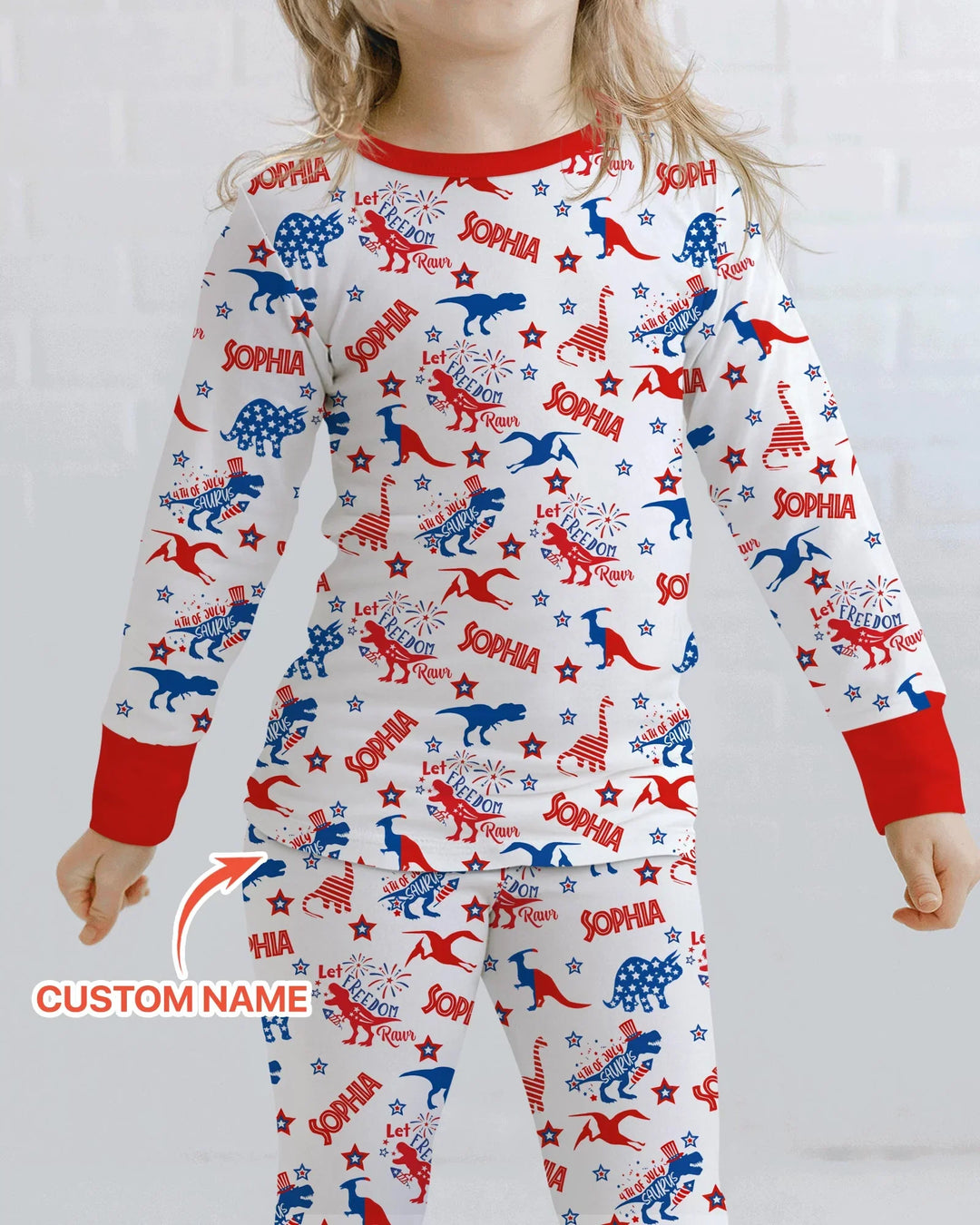 Custom Name Patriotic Dinosaur Bamboo Two Piece Long Sleeve Pajama Set