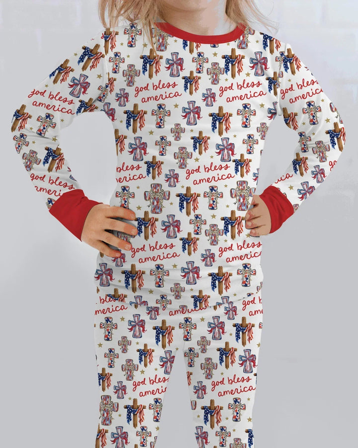 God Bless America Family Matching Bamboo Two Piece Long Sleeve Pajama Set