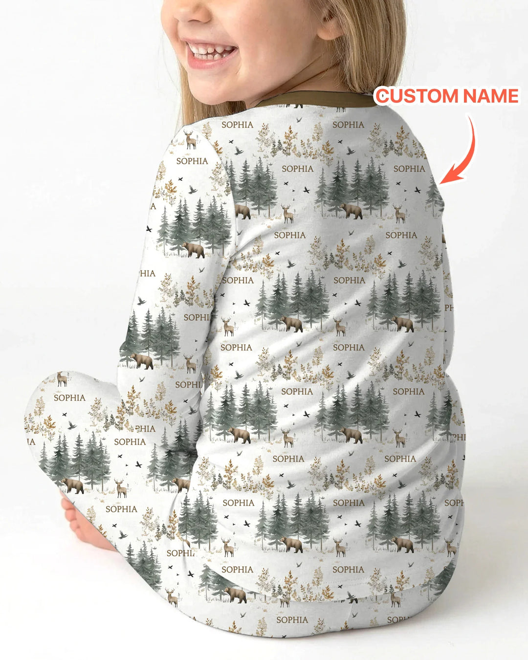 Custom Name Forest Bear Deer Bamboo Two Piece Long Sleeve Pajama Set